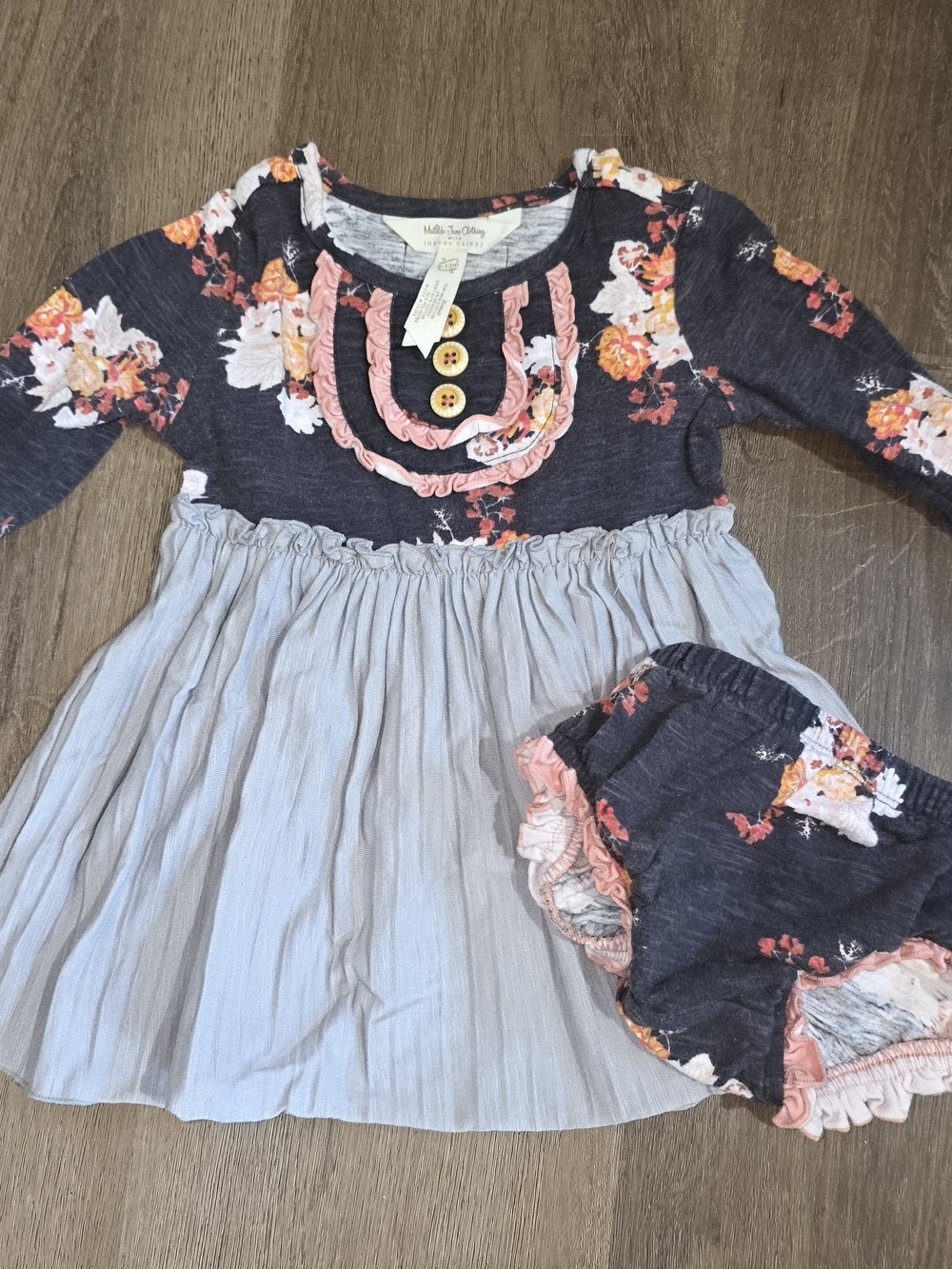 Matilda Jane Navy Floral Dress with Light Blue Skirt & Pink Trim